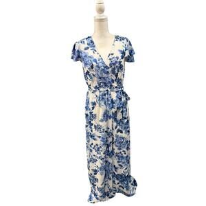 New Eliza J Blue Floral Faux Wrap Maxi Dress, Size 8